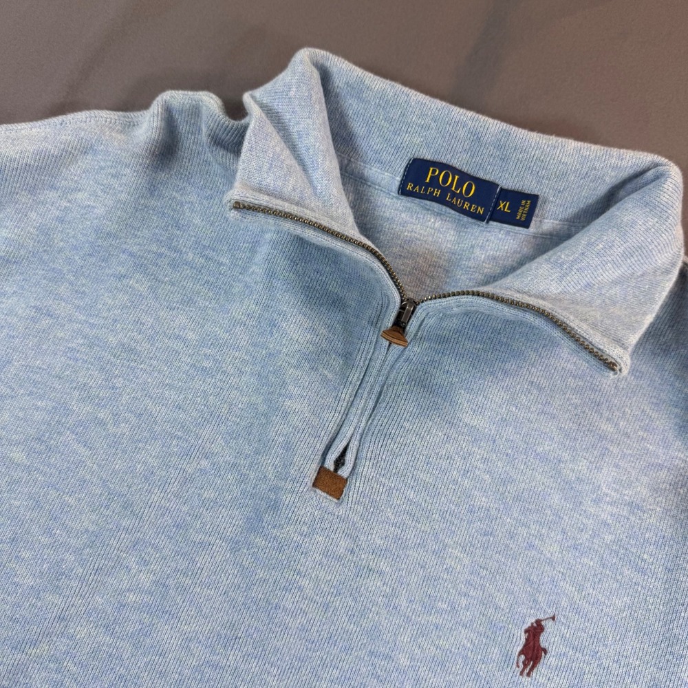Polo Ralph Lauren Mens XL Light Blue Heather 1/4 Zip Cotton Pullover Sweater